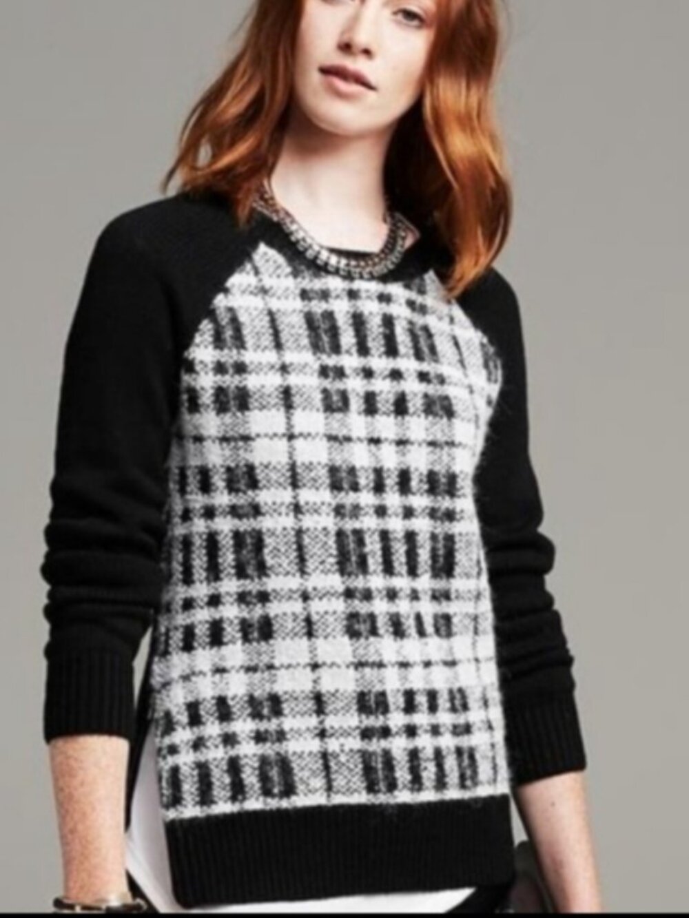 Banana Republic Black & White Plaid Knit Crewneck Sweater XS